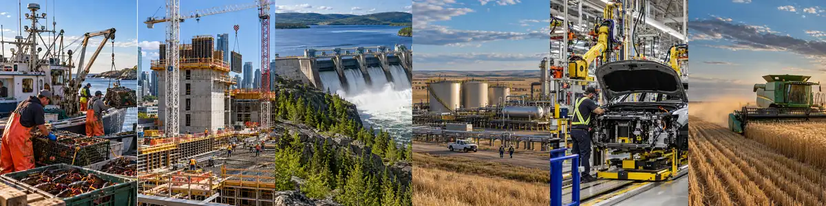 Canadian industries: fishing, construction, hydroelectric power, energy, automotive manufacturing and agriculture