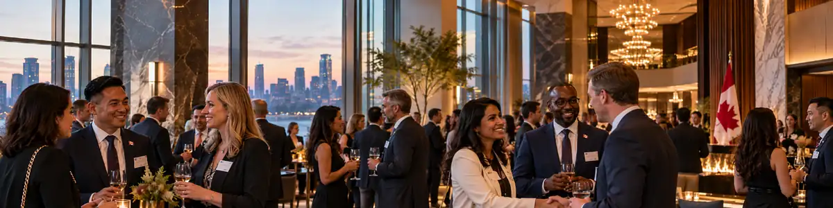 Business leaders networking at an evening reception overlooking a city skyline at dusk